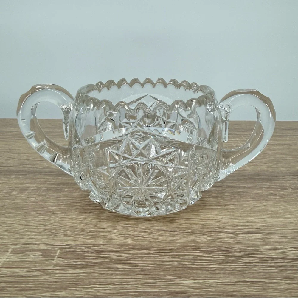 Antique American Brilliant Period Cut Glass Sugar Bowl Hobstar Sawtooth Crystal